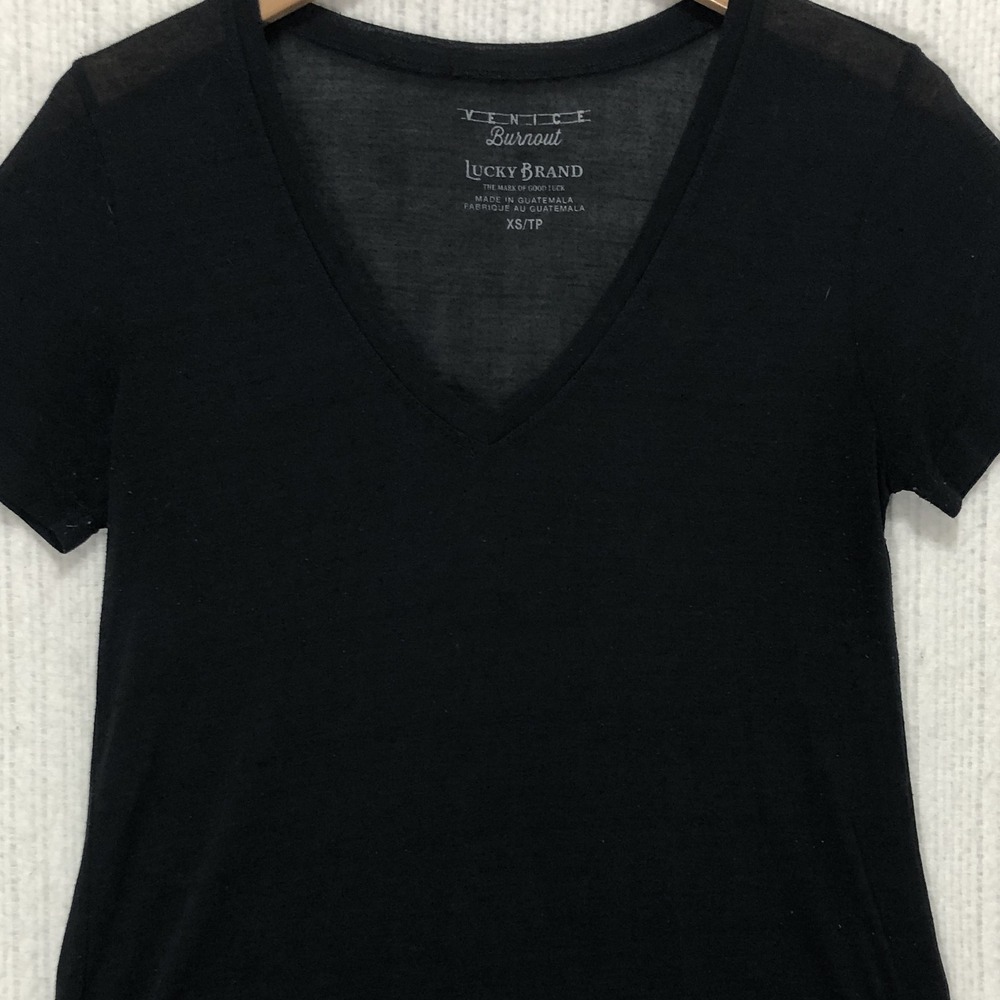 Lucky Brand Venice Burnout V-Neck T-Shirt Black Short Sleeve XS